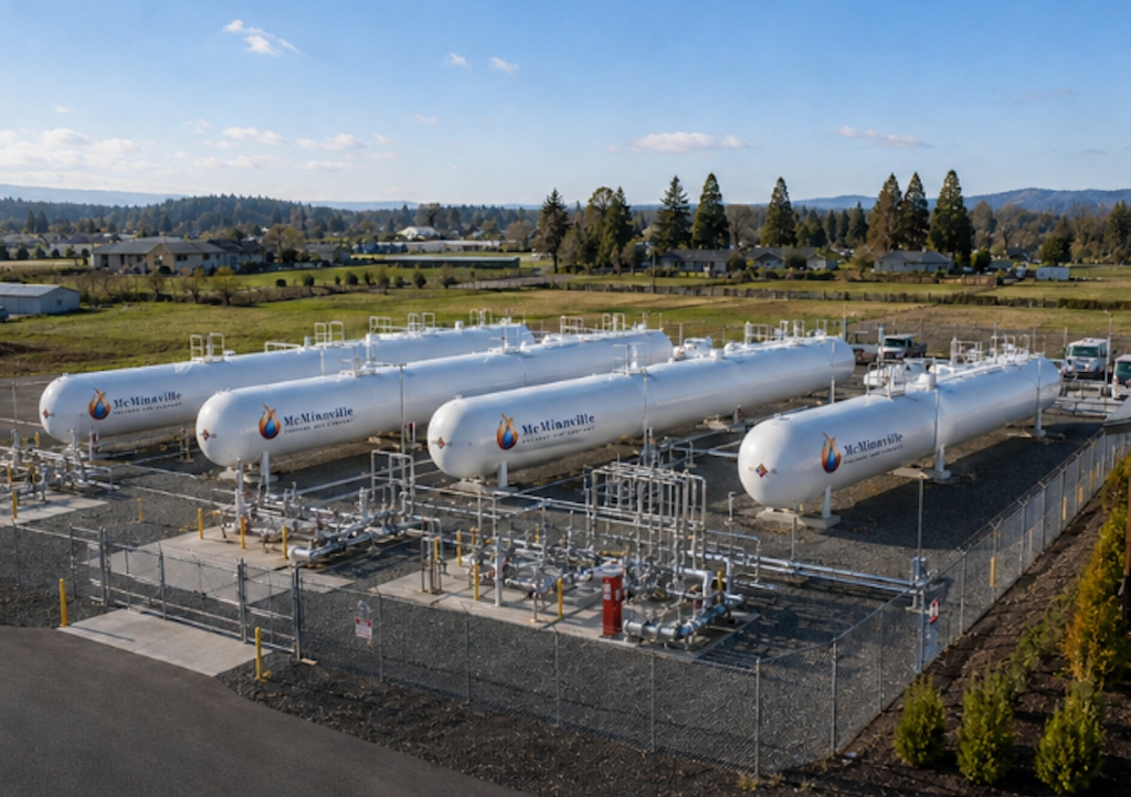 McMinnville Gas large-scale propane storage farm facility with multiple large storage tanks